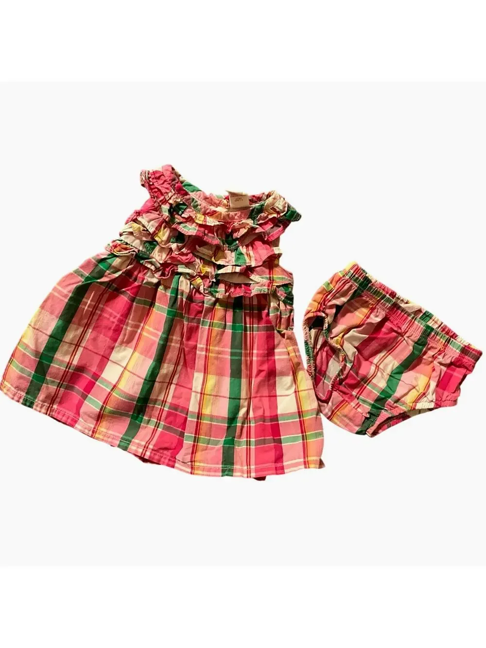 OshKosh B'gosh Girls 0-3 Months 2Pc Sleevless Dress Set Pink Green Plaid Ruffles